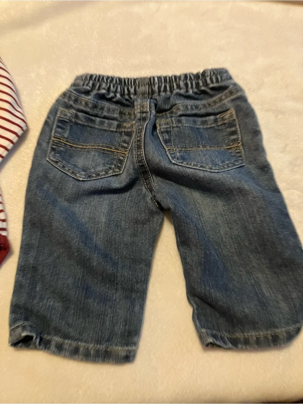 Burgundy and White Striped Bodysuit with Denim Pants